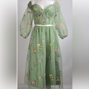 Embroidered Floral Green Tulle Dress